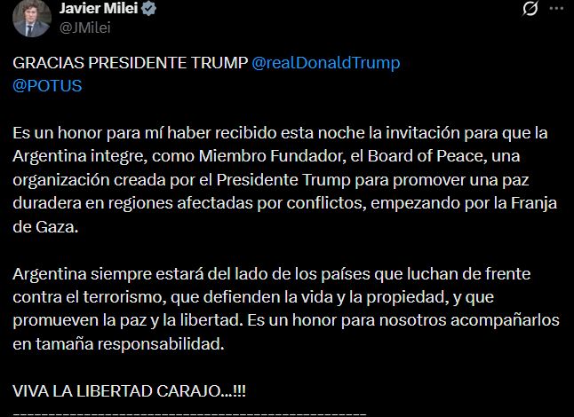Trump invitó a Milei a integrar el Board of Peace como miembro fundador