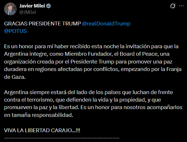 Trump invitó a Milei a integrar el Board of Peace como miembro fundador