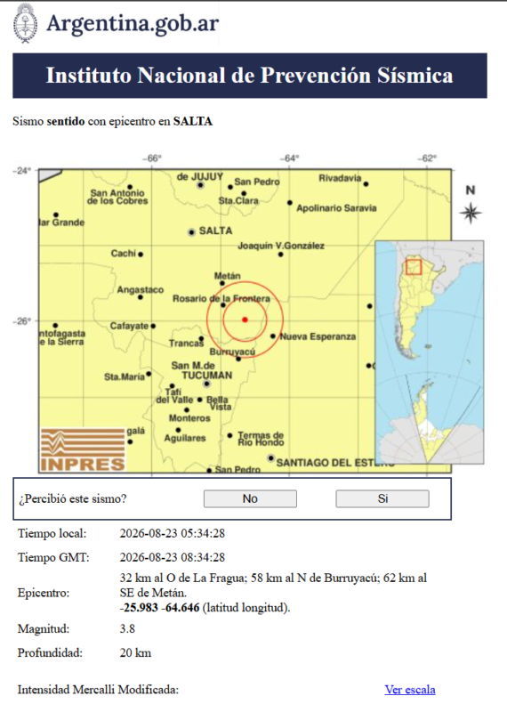 Sismo de magnitud 3,8 sacudió el norte de Salta y fue percibido en Tucumán durante la madrugada