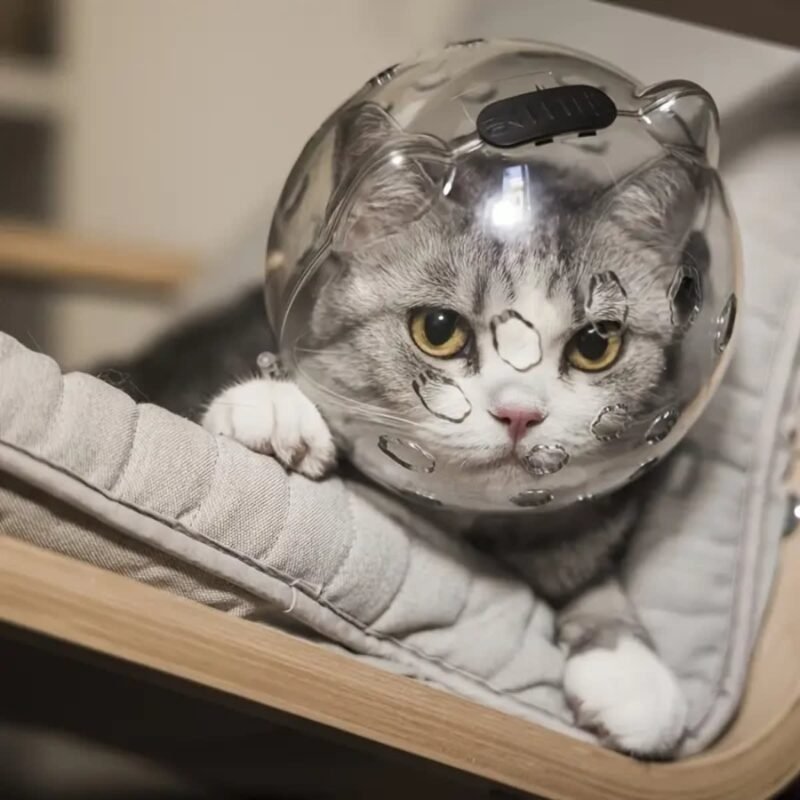 El curioso “casco” transparente para gatos que busca evitar mordidas durante el cepillado y los cuidados